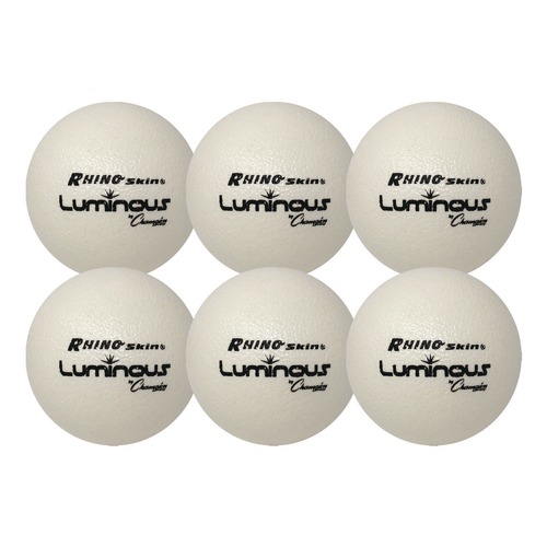 Toys | Champion Sports RXLUMSET Rhino Skin 6.3 in. Diameter Luminous Dodgeball Set - Luminous White/Blue (6/Set) image number 0