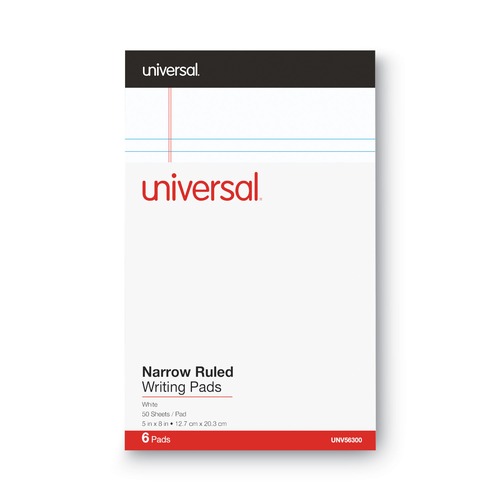 Universal UNV56300 5 in. x 8 in. Premium Narrow Rule Writing Pads - White (6 Pads/Pack, 50 Sheets/Pad) image number 0