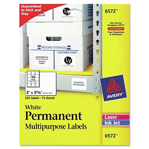  | Avery 06572 2 in. x 2.63 in. Permanent ID Labels with Sure Feed Technology - White (15/Sheet, 15 Sheets/Pack) image number 0