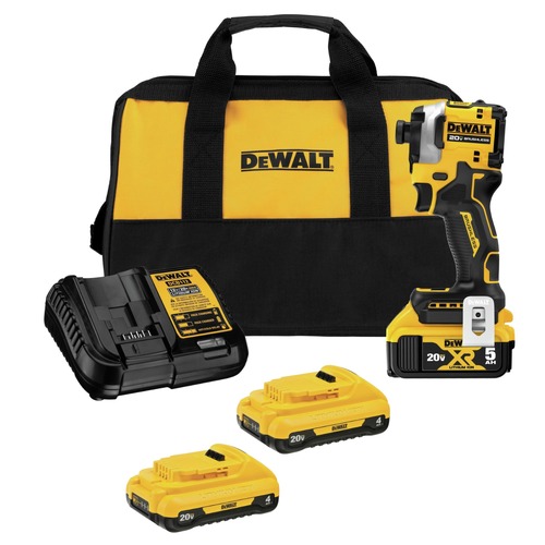 Impact Drivers | Dewalt DCF850P1DCB240-2 20V MAX ATOMIC Brushless Lithium-Ion 1/4 in. Cordless 3-Speed Impact Driver Kit (5 Ah) and (2) 20V MAX 4 Ah Compact Lithium-Ion Batteries Bundle image number 0