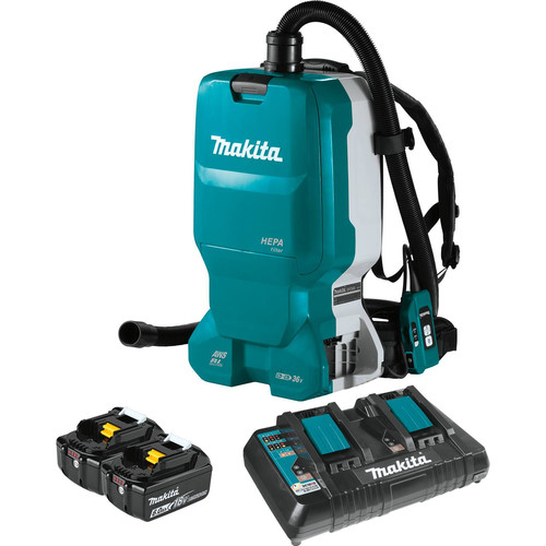 Backpack Vacuums | Makita XCV18PTX 18V X2 (36V) LXT Brushless Lithium-Ion 1.6 Gallon Cordless AWS Capable Dry Dust Extractor Kit with HEPA Filter and 2 Batteries (5 Ah) image number 0