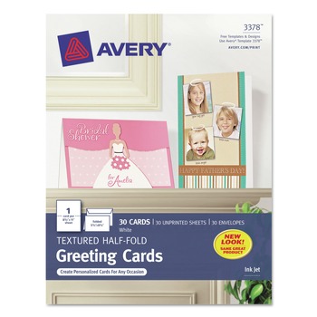 Avery 65 lbs. 5.5 in. x 8.5 in. Half-Fold Greeting Cards with Envelopes for Inkjet Printers - Textured Uncoated White (1 Card/Sheet, 30 Sheets/Box)