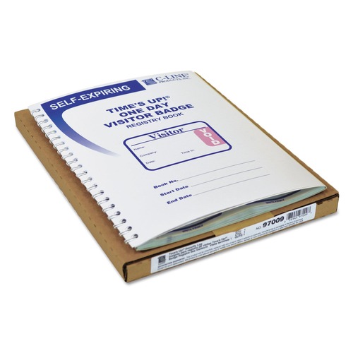 Office Jansan | C-Line 97009 3 in. x 2 in. Time's Up Self-Expiring Visitor Badges with Registry Log - White (150 Badges/Box) image number 0