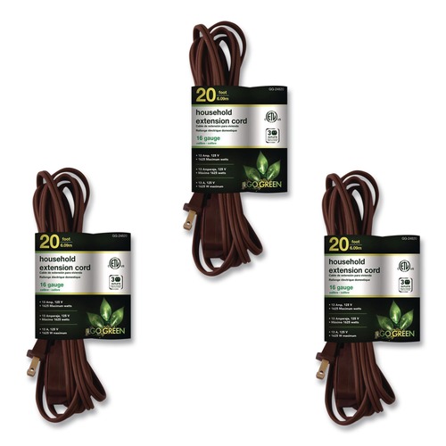 Office Electronics & Batteries | GoGreen Power GG-24820-3 20 ft. 13 Amps Household Extension Cord - Brown (3/Pack) image number 0