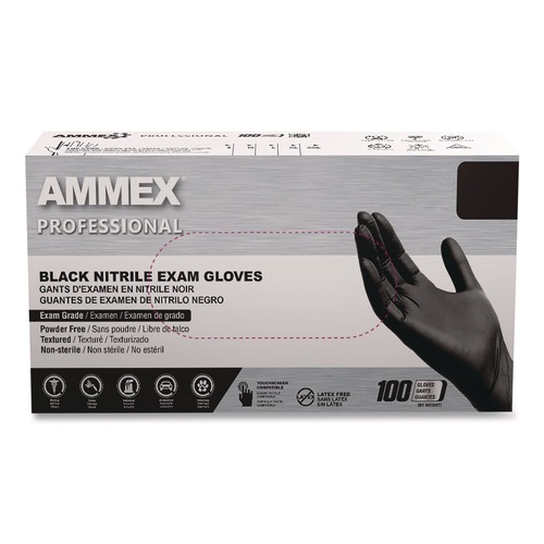 Cleaning Gloves | Ammex ABNPF44100 3 mil Thick Powder-Free Nitrile Exam Gloves - Medium, Black (100/Box) image number 0