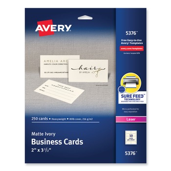 Avery 2 in. x 3.5 in. Printable Microperforated Business Cards with Sure Feed Technology for Laser Printers - Ivory (250 Cards, 10/Sheet, 25 Sheets/Pack)