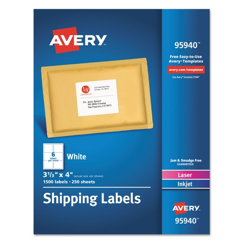  | Avery 95940 Inkjet/Laser Printer 3.33 in. x 4 in. Shipping Label Bulk Packs - White (6/Sheet 250-Sheet/Box) image number 0