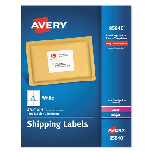 Mothers Day Sale! Save an Extra 10% off your order | Avery 95940 Inkjet/Laser Printer 3.33 in. x 4 in. Shipping Label Bulk Packs - White (6/Sheet 250-Sheet/Box) image number 0