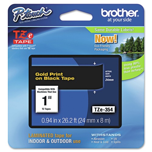 Bulk Savings Pricing 2 | Brother P-Touch TZE354 0.94 in. x 26.2 ft. TZe Standard Adhesive Laminated Labeling Tape - Gold on Black image number 0