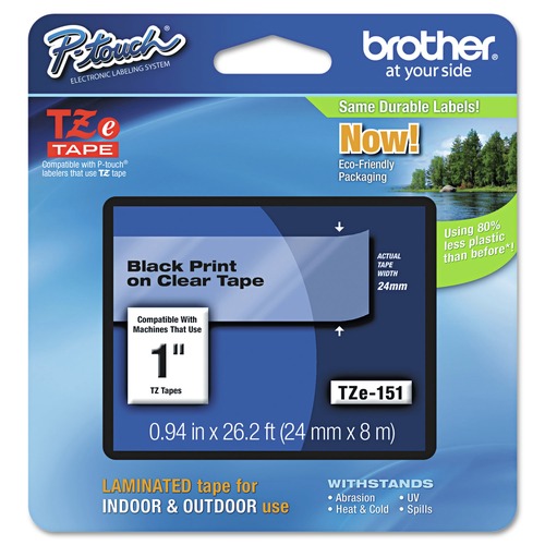 Bulk Savings Pricing 2 | Brother P-Touch TZE151 TZe 0.94 in. x 26.2 ft. Standard Adhesive Laminated Labeling Tape - Black on Clear image number 0