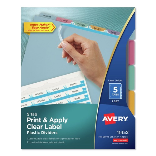  | Avery 11452 Index Maker 11 in. x 8.5 in. 5-Tab Plastic Print and Apply Clear Label Dividers with Printable Label Strip - Assorted (1-Set) image number 0