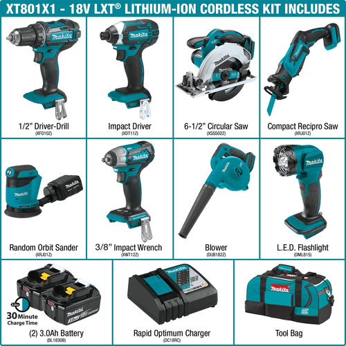 Makita XT801X1 18V LXT Lithium-Ion Cordless 8-Piece Combo Kit (3 Ah)