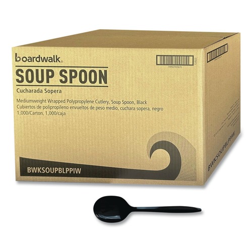 Food Service | Boardwalk BWKSOUPBLPPIW Mediumweight Wrapped Polypropylene Soup Spoon Cutlery - Black (1000/Carton) image number 0