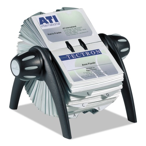 Office Jansan | Durable 241701 8.75 in. x 7.13 in. x 8.06 in. VISIFIX Plastic Flip Rotary Business Card File Holds 400 2.88 in. x 4.13 in. Cards - Black/Silver image number 0