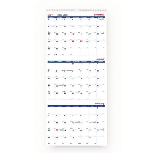 Calendars & Planners | Brownline C171128 12.25 in. x 27 in. Dec 2024-Jan 2026 Three-Month Wall Calendar - White/Blue Sheets image number 0