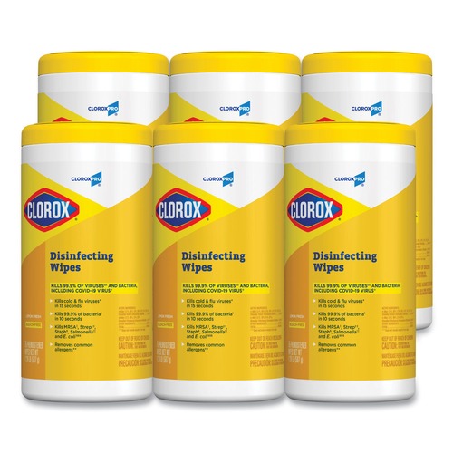 Disinfectants | Clorox 15948 7 in. x 8 in. 1-Ply Disinfecting Wipes - Lemon Fresh, White (75/Canister, 6/Carton) image number 0