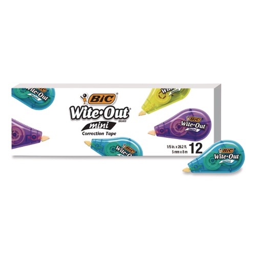 Office Jansan | BIC WOTM11 Wite-Out Brand 0.2 in. x 26.2 ft. Non-Refillable Mini Correction Tape - Assorted (1-Dozen) image number 0