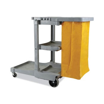 CLEANING AND SANITATION | Boardwalk 3485204 22 in. x 44 in. x 38 in. 4 Shelves 1 Bin Plastic Janitor's Cart - Gray
