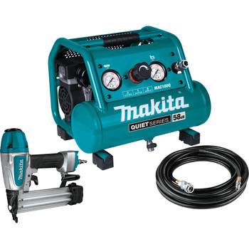 COMPRESSOR COMBO KITS | Makita MAC100QK1 Quiet Series .5 HP 1 Gallon Oil-Free Hand Carry Air Compressor/ 18 GA Brad Nailer Combo Kit