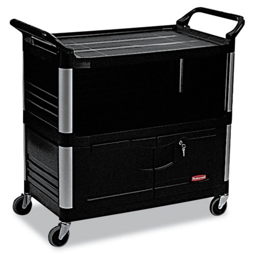 Utility Carts | Rubbermaid Commercial FG409500BLA 40.63 in. x 20.75 in. x 37.81 in. 300 lbs. Capacity 3 Shelves Plastic Xtra Equipment Cart - Black image number 0