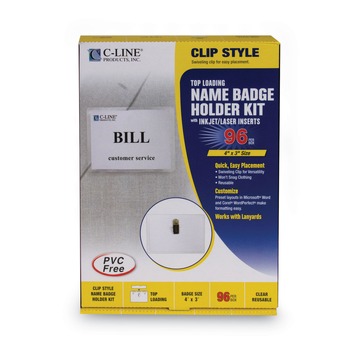 C-Line 4 in. x 3 in. Top Load Clip Style Name Badge Kits - Clear (96/Box)