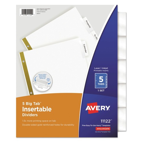 Office Jansan | Avery 11122 Big Tab 11 in. x 8.5 in. 5-Tab Double-Sided Gold Edge Reinforcing Insertable Dividers - Clear Tabs/White (1-Set) image number 0