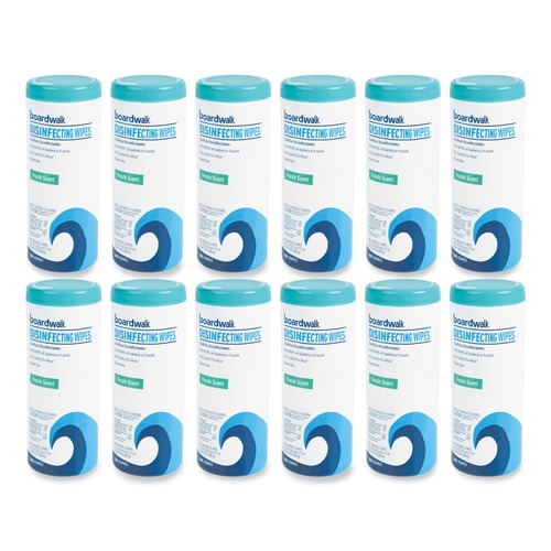 Cleaning & Janitorial Supplies | Boardwalk BWK454W35 Fresh Scent 8 in. x 7 in. Disinfecting Wipes (35-Piece/Canister, 12 Canisters/Carton) image number 0