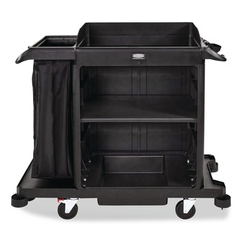 Rubbermaid Commercial 2202585 23 in. x 53.12 in. x 19.1 in. 3-Shelf Compact Plastic Housekeeping Cart - Black