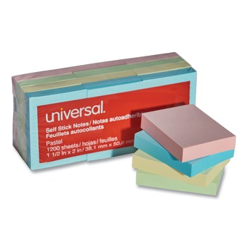 Universal UNV35663 1-1/2 in. x 2 in. Self Stick Note Pads - Assorted Pastel Colors (100 Sheet/Pad 12 Pads/Pack)