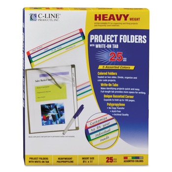 C-Line Letter Size Straight Tab Write-On Project Folders - Assorted Colors (25/Box)