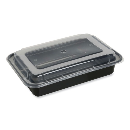 Food Trays, Containers, and Lids | GEN FCPP-BC-38RECT 8.81 in. x 6.02 in. x 2.48 in. 38 oz. Plastic Microwavable Food Container with Lid - Rectangular Black/Clear (150/Carton) image number 0
