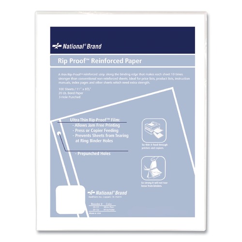 National 20121 Rip Proof 3-Hole 8.5 in. x 11 in. Unruled Reinforced Filler Paper - White (100/Pack) image number 0