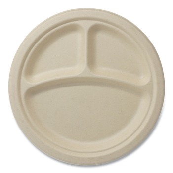 World Centric PLSC9TLFS 9 in. Diameter 3-Compartment Paper Fiber Plates - Natural (1000/Carton)