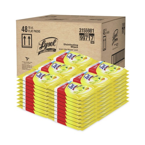 Disinfectants | LYSOL Brand 19200-99717 1-Ply Disinfecting Wipes To-Go Flatpack - Lemon and Lime Blossom, White (15 Wipes/Pack, 48 Packs/Carton) image number 0