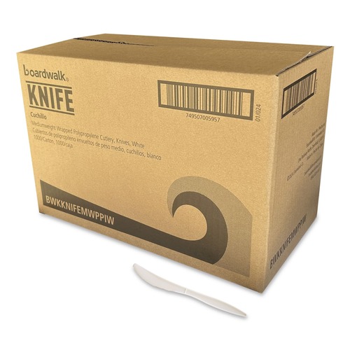 Food Service | Boardwalk BWKKNIFEMWPPIW 5.86 in. Mediumweight Wrapped Polypropylene Plastic Knife Cutlery - White (1000/Carton) image number 0