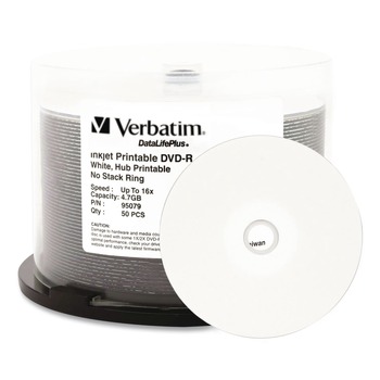 Verbatim 4.7 GB 16x DVD-R DataLife Plus Printable Recordable Disc - White (50/Pack)