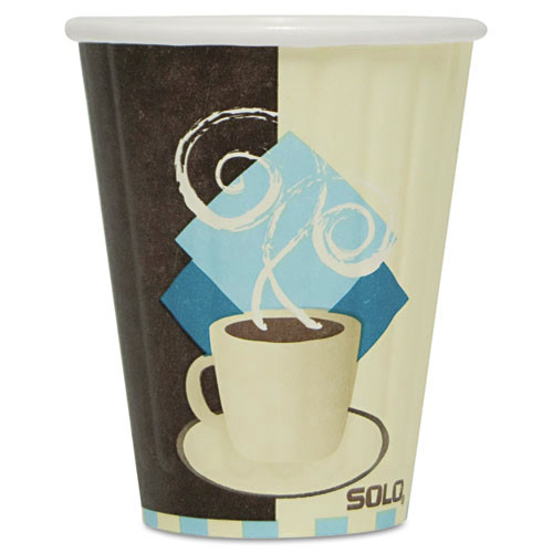 Cups and Lids | SOLO IC8-J7534 Duo Shield Insulated Paper Hot Cups, 8 Oz, Tuscan Cafe, Chocolate/blue/beige, 20/carton image number 0