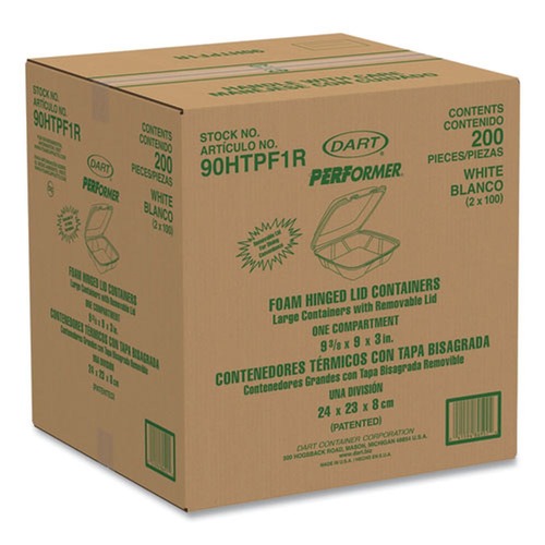 Food Trays, Containers, and Lids | Dart 90HTPF1R 9 in. x 9.4 in. x 3 in. Foam Hinged Performer Perforated Lid Container - White (200/Carton) image number 0