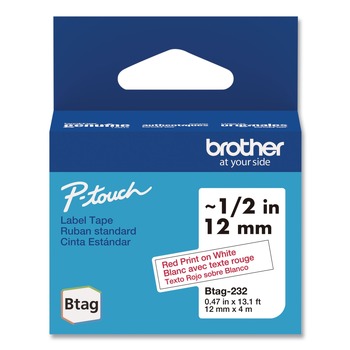 Brother P-Touch 0.47 in. x 13.1 ft. Genuine P-Touch BTAG Label Tapes - Red on White