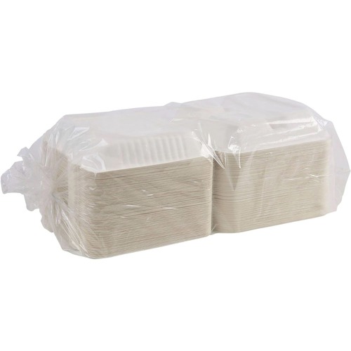 Food Trays, Containers, and Lids | Boardwalk HL-93BW 9 in. x 9 in. x 3.19 in. 3-Compartment Hinged-Lid Sugarcane Bagasse Food Containers - White (100/Sleeve, 2 Sleeves/Carton) image number 0