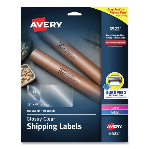  | Avery 06522 Easy Peel 2 in. x 4 in. Mailing Labels with Sure Feed Technology - Glossy Clear (10/Sheet, 10 Sheets/Packt) image number 0