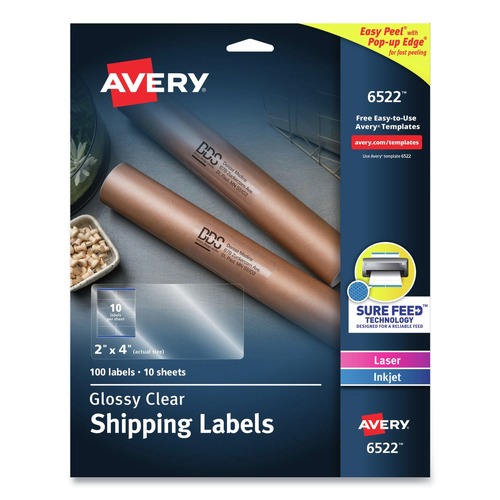 Office Jansan | Avery 06522 Easy Peel 2 in. x 4 in. Mailing Labels with Sure Feed Technology - Glossy Clear (10/Sheet, 10 Sheets/Packt) image number 0