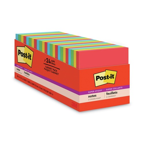 Office Jansan | Post-it Notes Super Sticky 654-24SSAN-CP 3 in. x 3 in. Pads in Playful Primary Collection Colors (24 Pads/Pack) image number 0