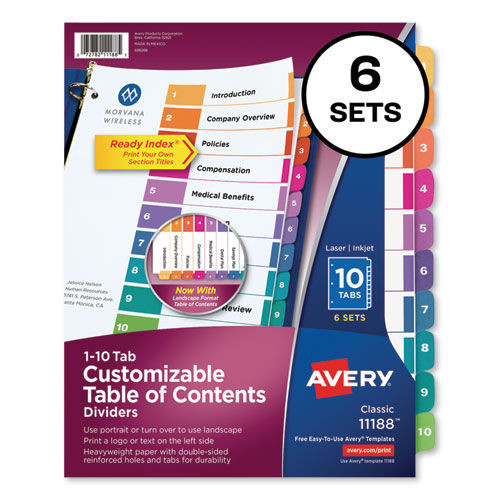Office Jansan | Avery 11188 11 x 8.5 Customizable TOC Ready Index Multicolor 10-Tab Dividers - White/Traditional Color Tabs (6/Pack) image number 0