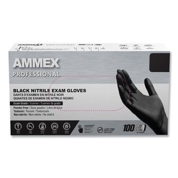 Ammex Nitrile Exam Gloves, Powder-Free, 3 mil, Small, Black, 100/Box, 10 Boxes/Carton