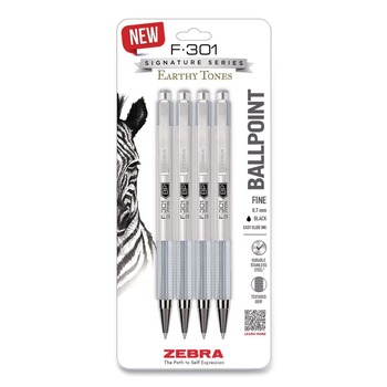 Zebra F-301 Signature Series Earthy Tones Fine 0.7 mm. Retractable Ballpoint Pen - Black Ink/Pewter Barrel (4/Pack)