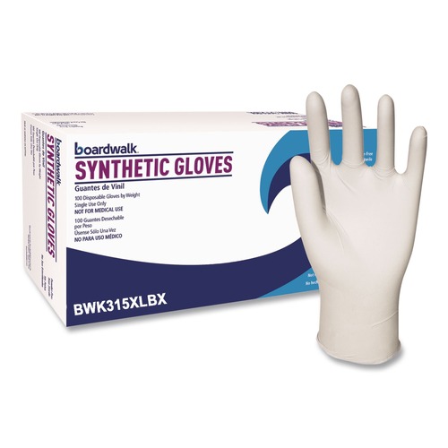 New Year New Savings! Save $25 off $150 | Boardwalk BWK315XLBX 4 mil 9.5 in. Long Powder-Free Synthetic Vinyl Gloves - Extra Large, Beige (100/Box) image number 0