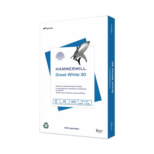 Office Jansan | Hammermill 86750 Great White 30 92 Bright 3 Hole 20 lbs. 11 in. x 17 in. Recycled Print Paper - White (500/Ream) image number 0