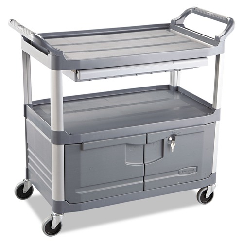 Utility Carts | Rubbermaid Commercial FG409400GRAY 40.63 in. x 20 in. x 37.81 in. 300 lbs. Capacity 3 Shelves Plastic Xtra Instrument Cart with Locking Storage Area - Gray image number 0
