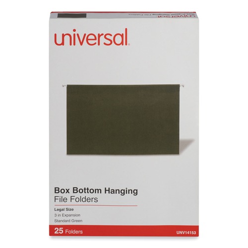  | Universal UNV14153 1/5-Cut Tab, Box Bottom Hanging File Folders - Legal Size, Standard Green (25/Box) image number 0